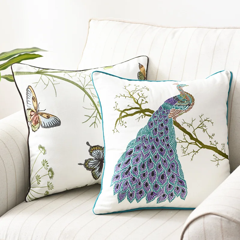 

Pastoral Embroidered Cushion Cover 45x45cm Peacock Butterfly White Decorative Pillows Boho Cotton Canvas Pillow Case Home Decor