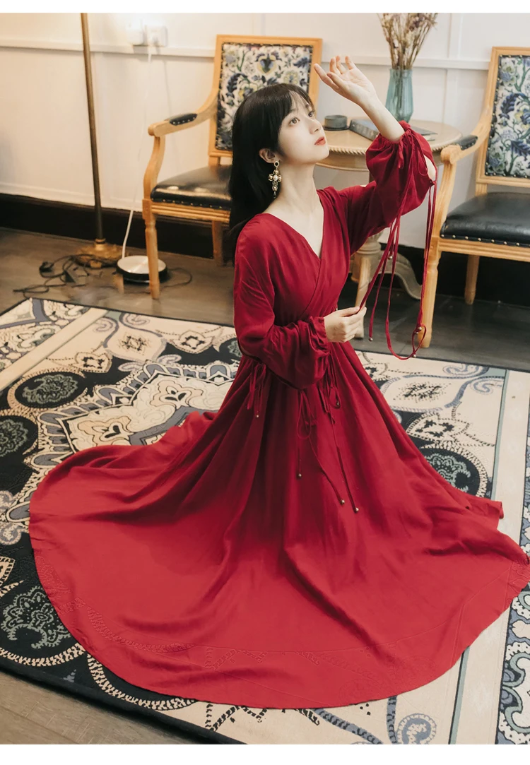 YOSIMI Maxi Chiffon Red Long Women Dress Bohemian V-neck Lantern Sleeve Full Sleeve Ankle-lenght Female Dress with Sashes