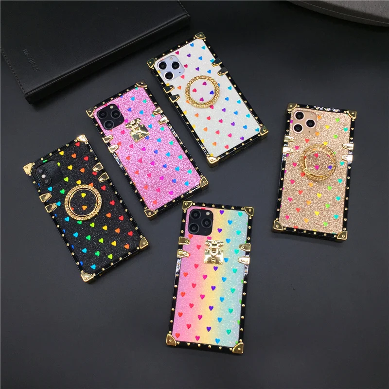 Модный мягкий матовый квадратный чехол для iPhone 12 pro X XS Max XR с блестящим сердечком