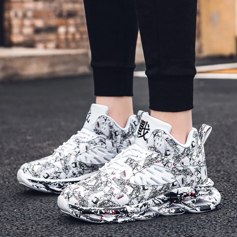 JIEMIAO Fashion Graffiti Style Men's Sneakers High-top Breathable Sports Shoes Basketball Shoes Outdoor Non-slip Running Shoes