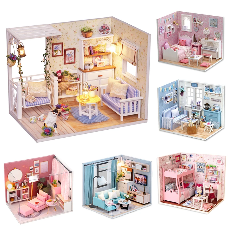 

Doll House DIY Miniature Dollhouse Model Wooden Toy Furnitures Casa De Boneca Dolls Houses Toys Birthday Gift H012