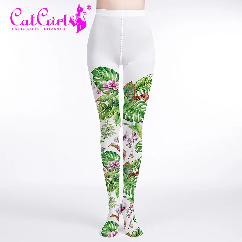 

2021 new summer high-waist pantyhose stockings women's thin leggings stretch trousers fashion printed banana leaf casual legging