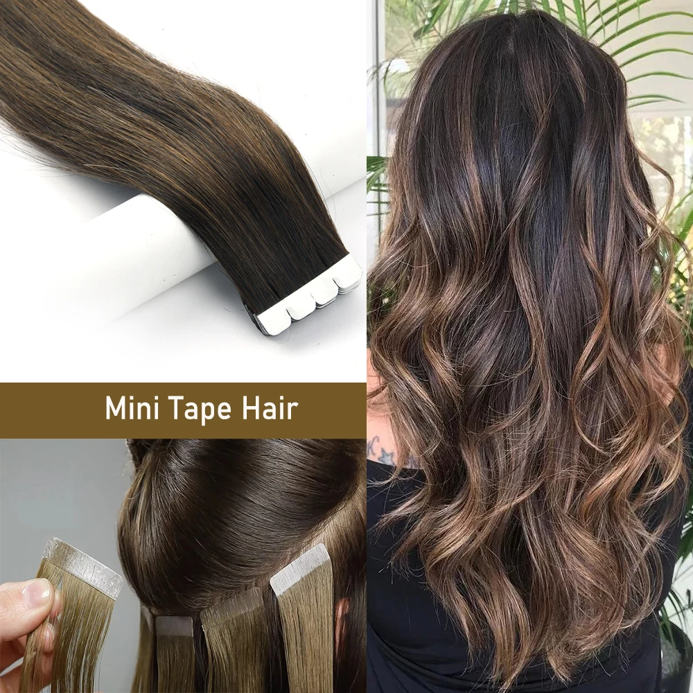 

ZURIA Mini Tape In Hair Extensions Machine Remy Natural Hair Extensions Human Hair Straight 20 Inchs Seamless Adhesive Skin Weft