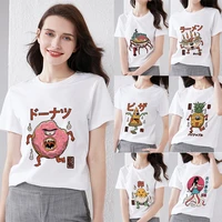 womens t shirt casual cute monster anime pattern printing series clothes basic round neck slim ladies commuter white shirt
