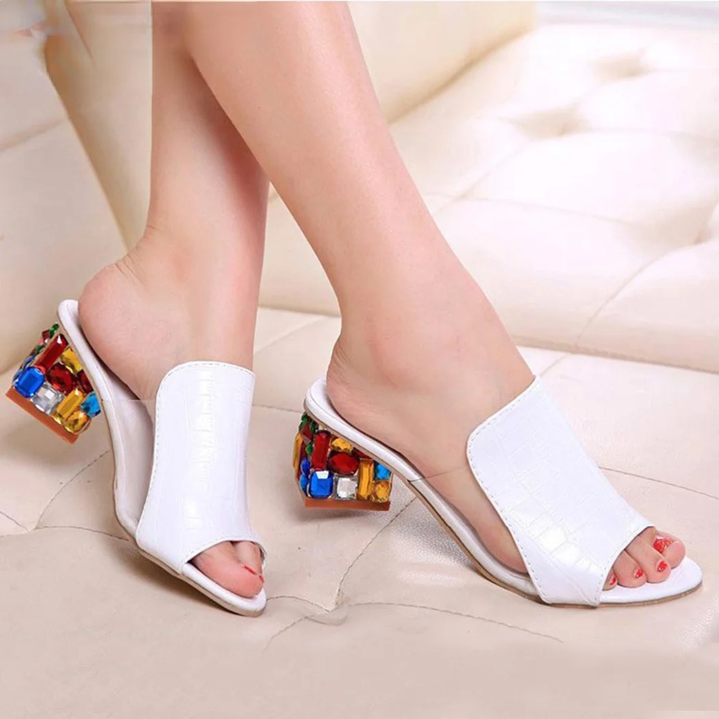 

2020 Brand Big Size 41 Elegant Crystals Chunky Heels Summer Women's Shoes Woman Sandals Leisure Shoes Women Slippers