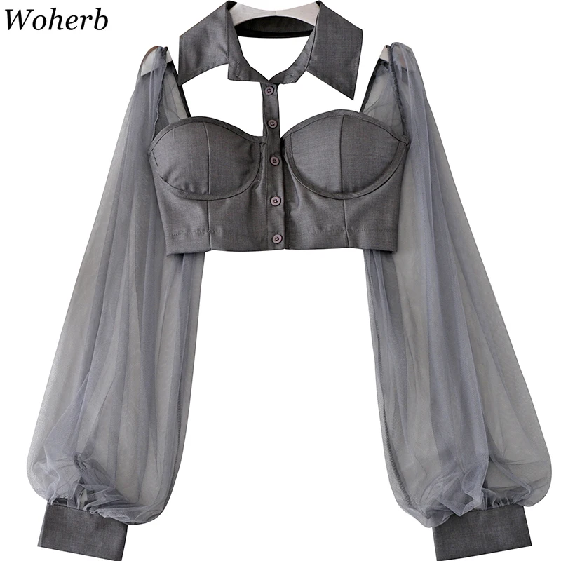 Блузка женская сетчатая с открытой спиной и рукавами-фонариками | Женская одежда