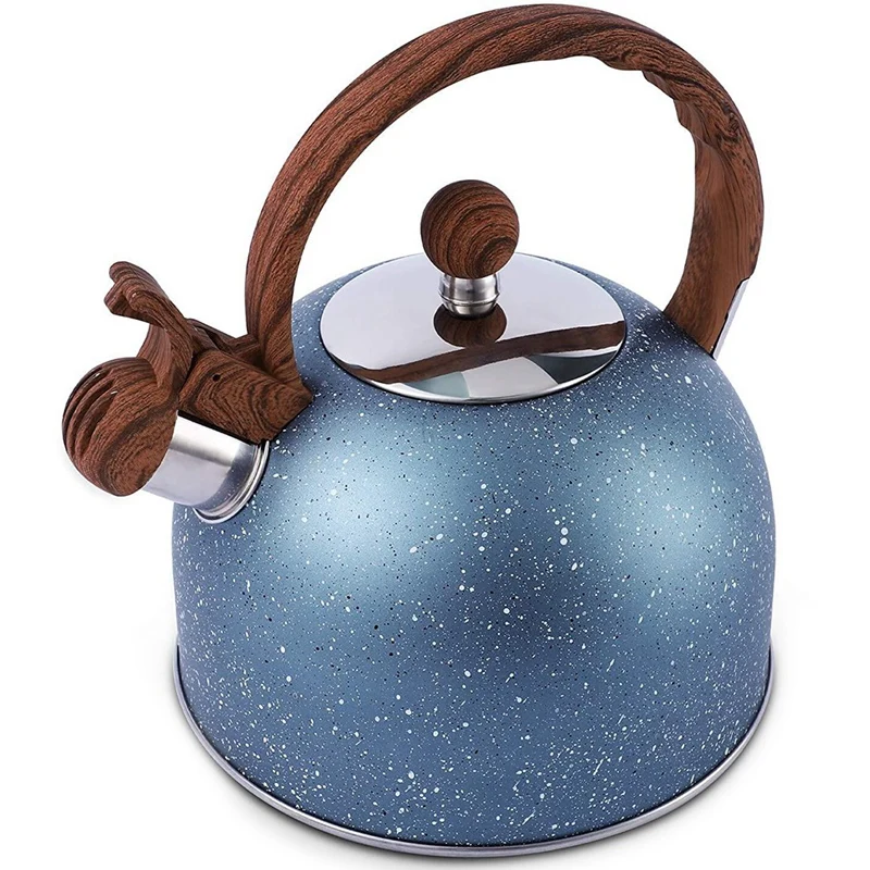 

Food Grade Stainless Steel Teapot For Stovetops Gas Electric Induction With Wood Pattern Handle Loud Whistle