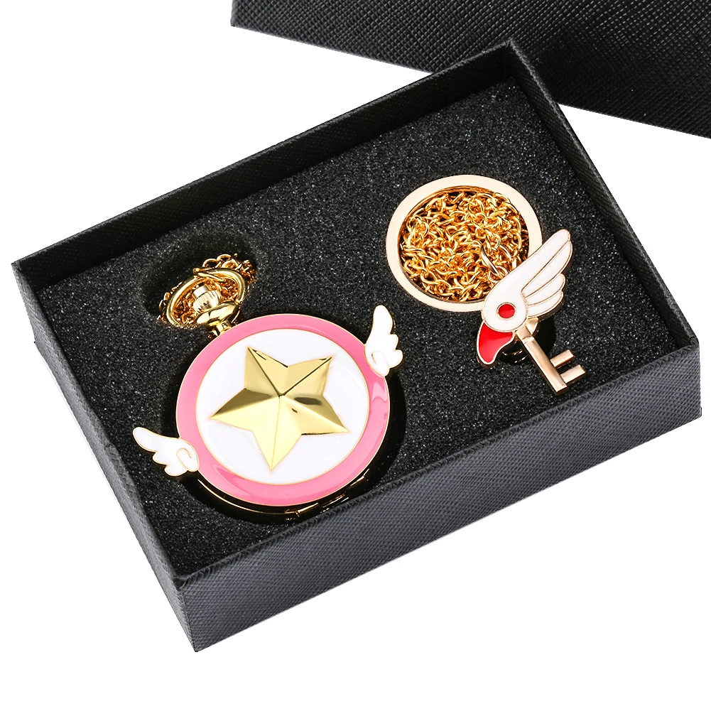 Pocket Watch Key Ring Gifts Set Japan Anime Magic Girl Sakura Cartoon Cosplay Pendant Clock Hours Girls Lady Women Xmas Gift Set