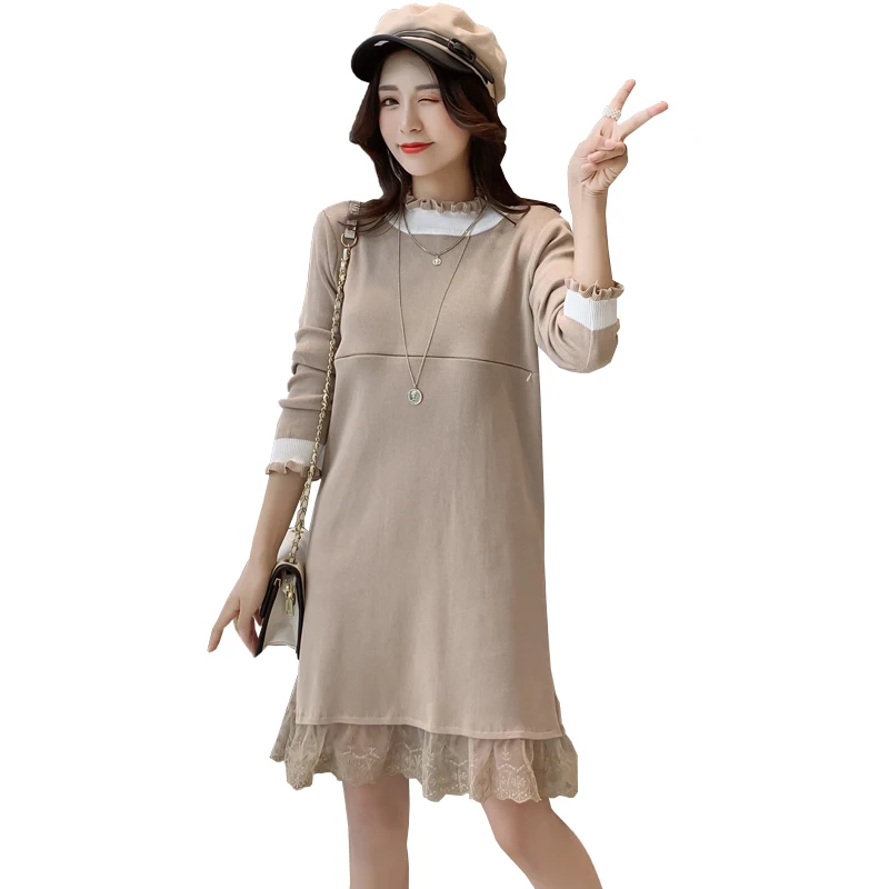 Осень 5156 # корейская мода трикотажное лоскутное кружевное платье для кормящих