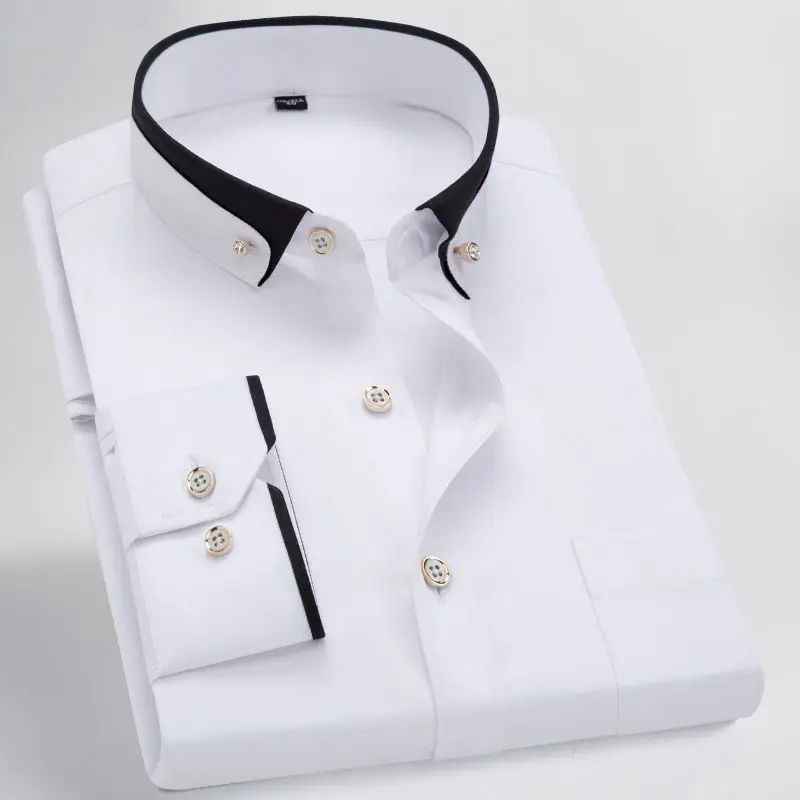 Men's Patchwork Collar Long Sleeve Dress Shirt Design 100% Cotton Casual Standard-fit Button-down Shirt Korean Diamond Button stand collar raglan sleeve button design t shirt