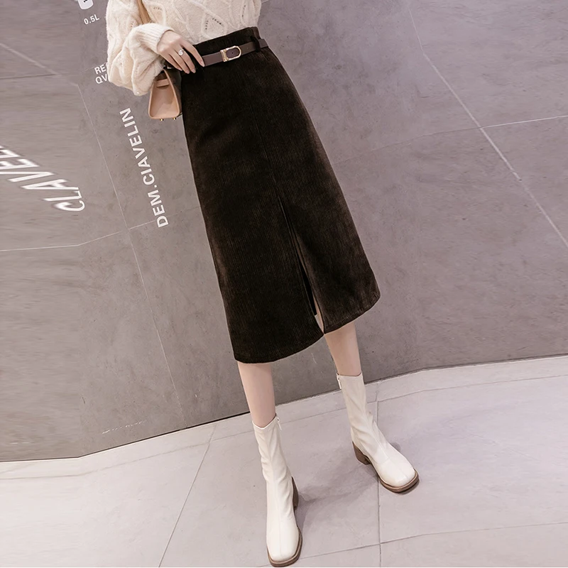 

Office Lady Midi Skirt Women Casual Split High Waist Belt Fashion Corduroy Winter Elegant Slim Straight Skirt 2021