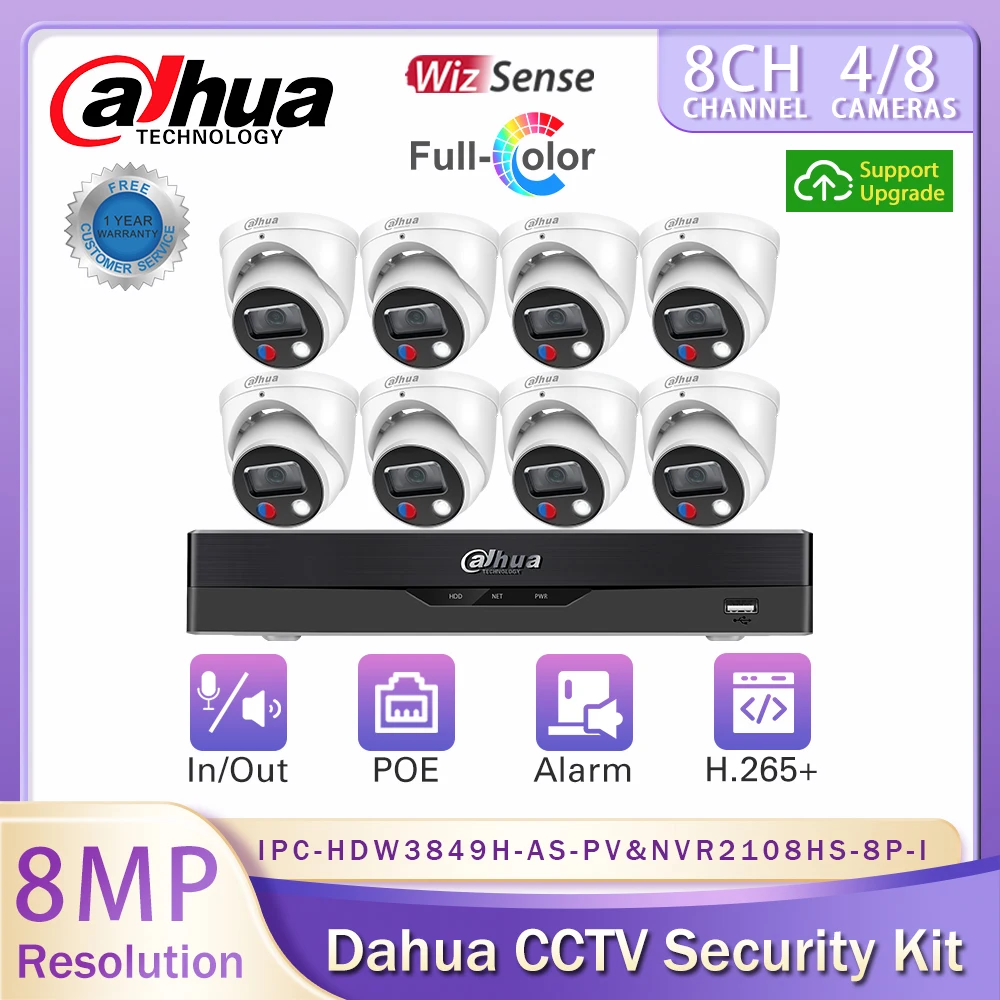 

Dahua 4K CCTV Camera Security System Kit Full Color 8MP PoE IPC-HDW3849H-AS-PV Wizsense NVR2108HS-8P-I NVR 8CH Recorder H.265+