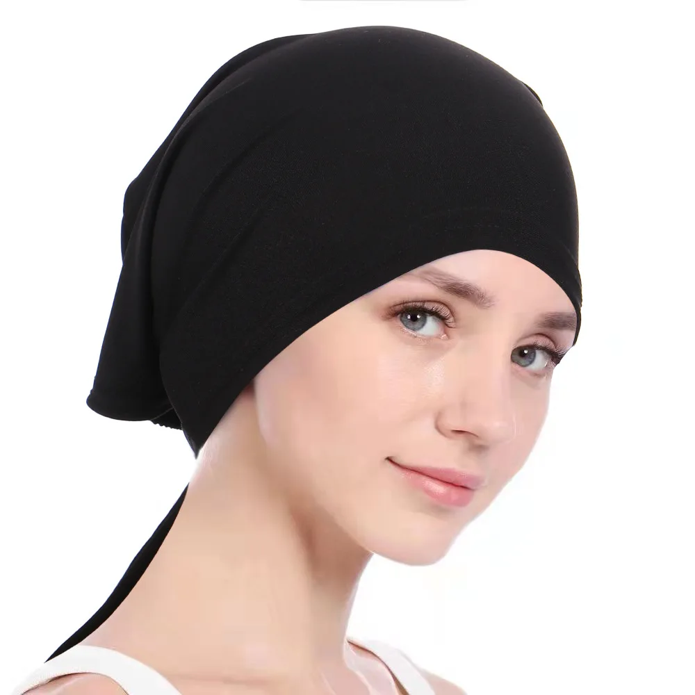 

New elastic cotton solid color wrap head scarf Hats muslim turban bonnet for women Inner Hijab Hat fashion female turbantes caps