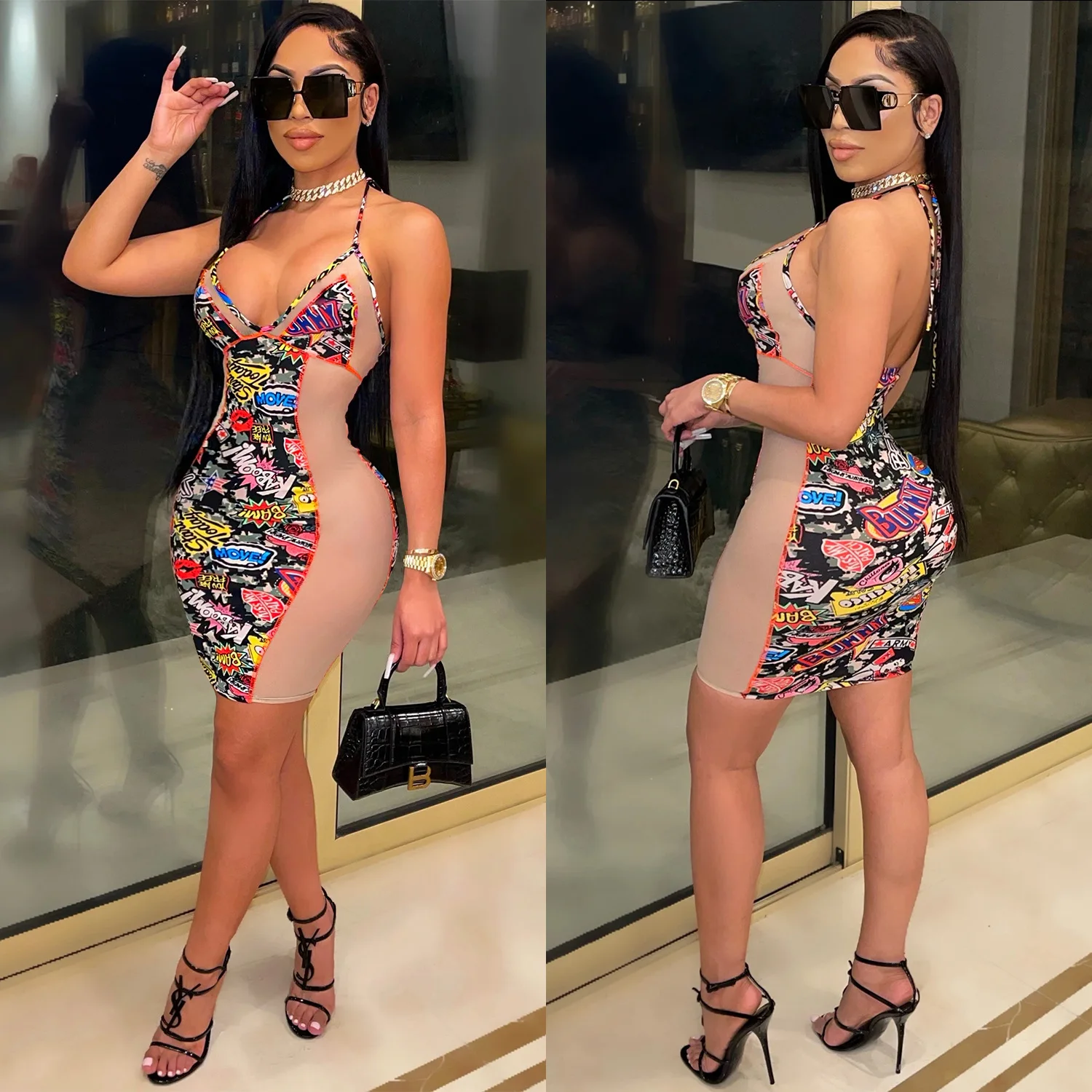 

Print Strap Mini Dress Women Summer Fashion Sexy Transparent Club Dresses Street Slim Hip Hallow Out Party Dress Vestidos Mujer
