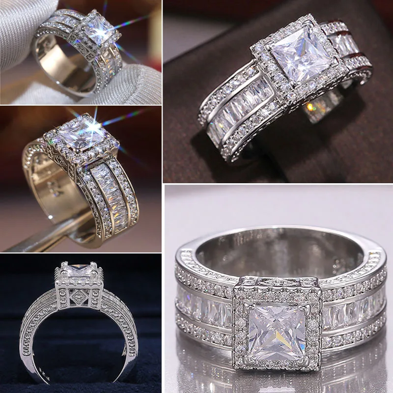 

Fashion Men and Women's Ring Silver Color Square Crystal Rhinestone Zircon Female Metal Ring for Wedding Engagement Jewelry