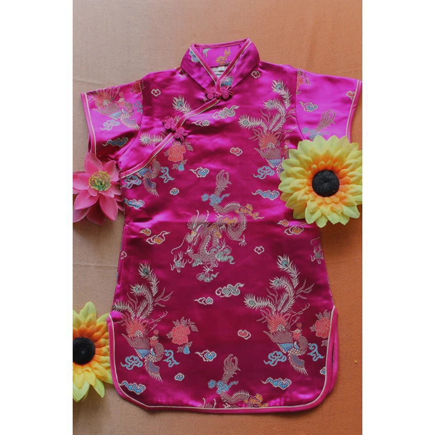 Rose red dress Платье принцессы для девочек; китайские традиционные костюмы; Чонсам; Hanfu; обтягивающее платье с изображением дракона и феникса; детское атласное кимоно для девочек - Цвет: Rose red dress