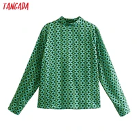 tangada 2021 autumn women green geometry print shirt blouse long sleeve chic female office lady tops 8y181