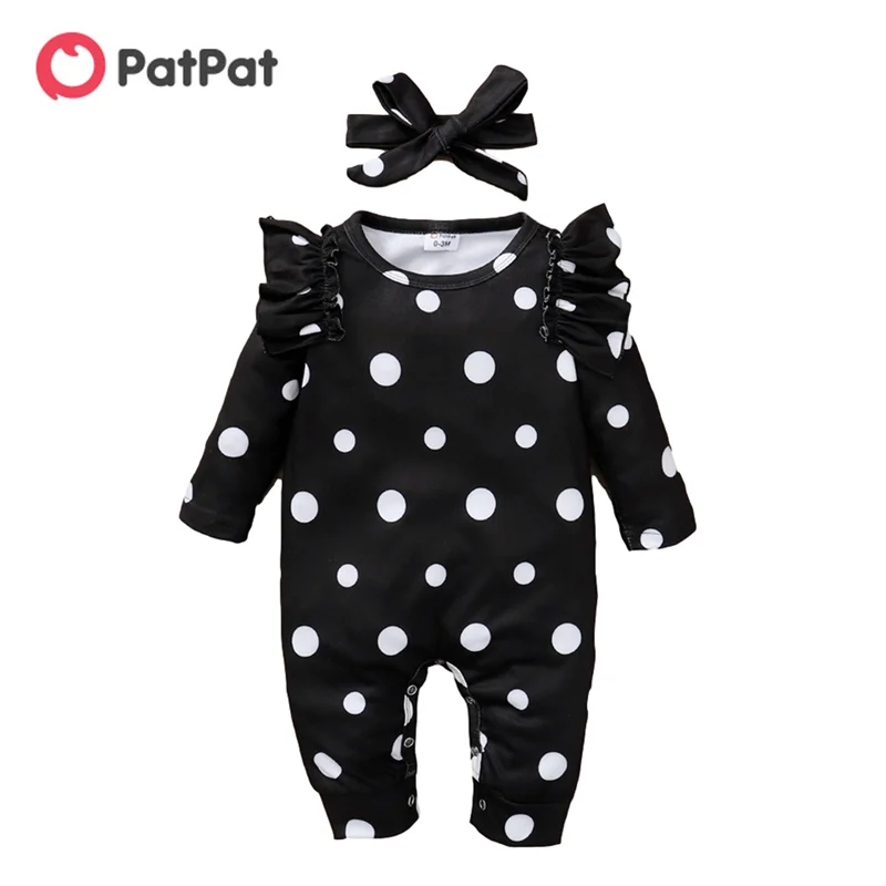 

PatPat New Arrival Spring and Autumn 2021 Baby Girl Sweet Polka dot Jumpsuits Baby Rompers Baby Girl Clothing