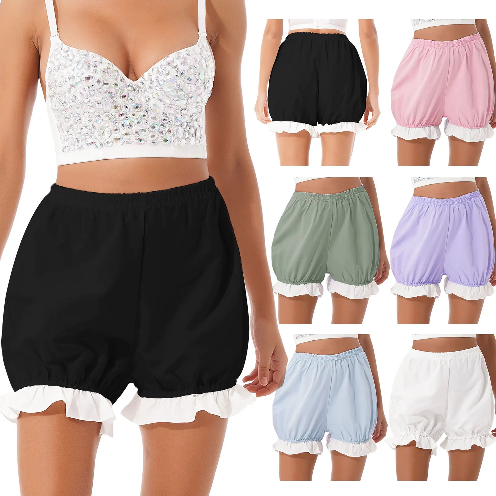 Womens Lovely Lolita Ruffle Shorts Nightwear Maid Role Play Costume Elastic Waistband 2022 Summer Casual Loose Bloomers Shorts