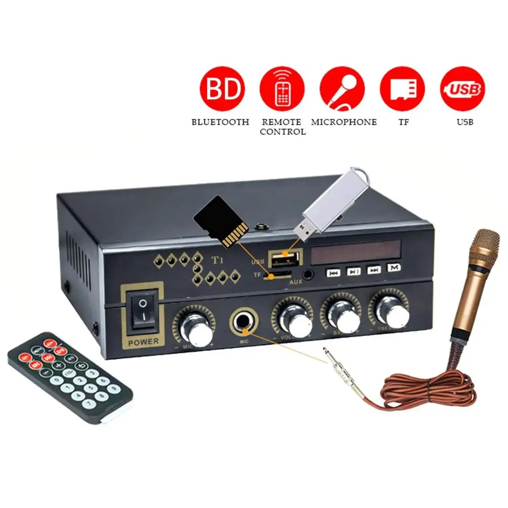 Домашний цифровой аудио усилитель мощности Bluetooth 2 0 канала с микрофоном USB/TF/FM/AUX |