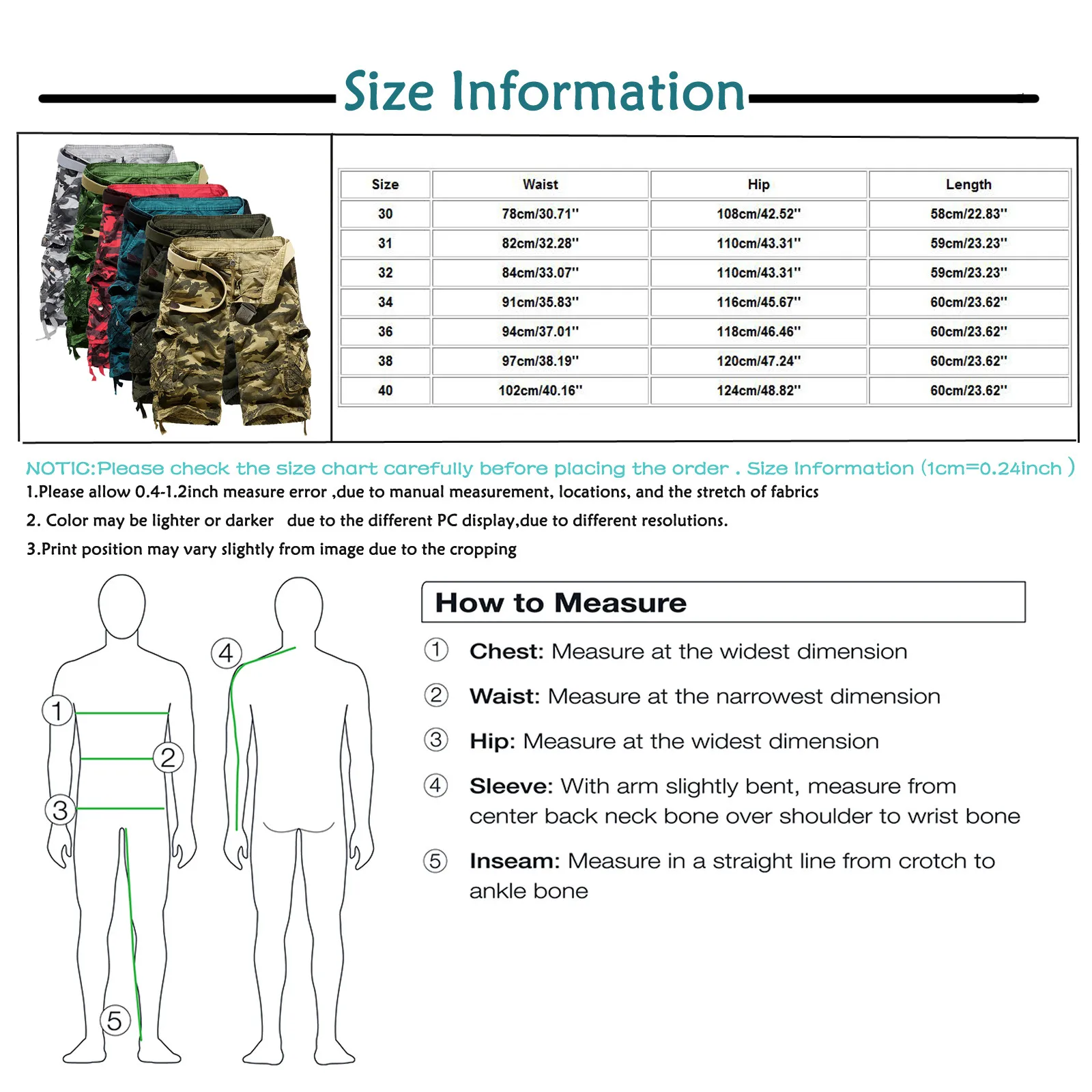 

Shorts Men's Casual Pure Color Outdoors Pocket Beach Work Trouser Cargo Shorts Pant Summer Cotton Camouflage Sweatpants#g30