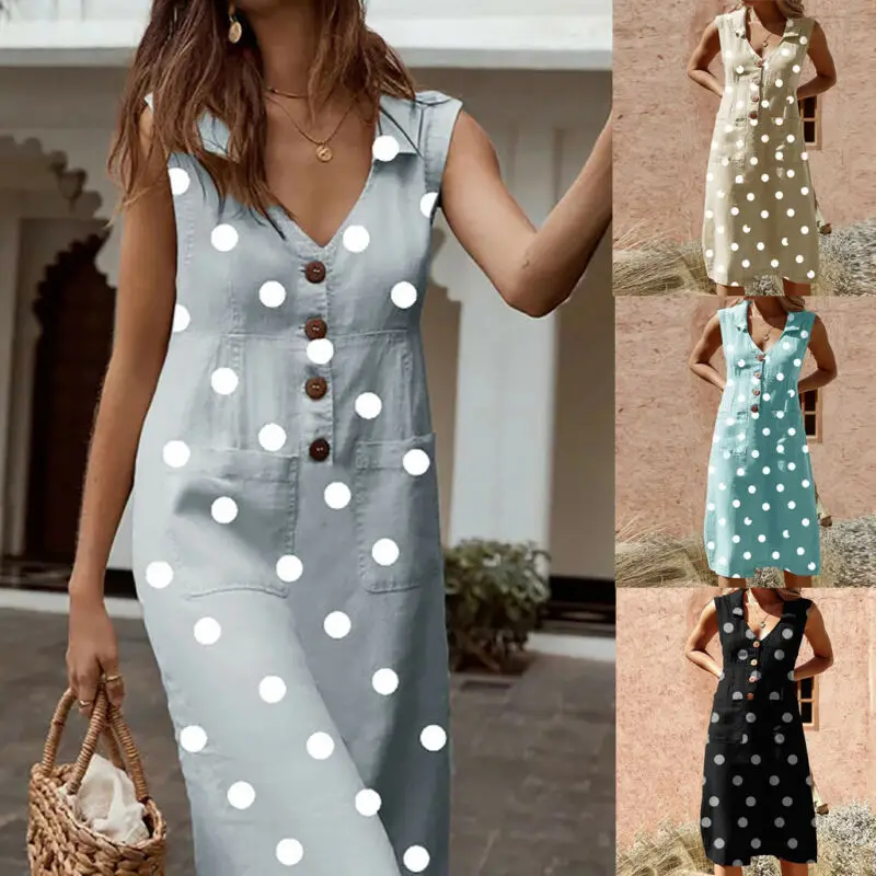

2019 Women's Summer Dots Sleeveless Boho Casual Long Midi Evening Party Beach Casual Dress Sundress