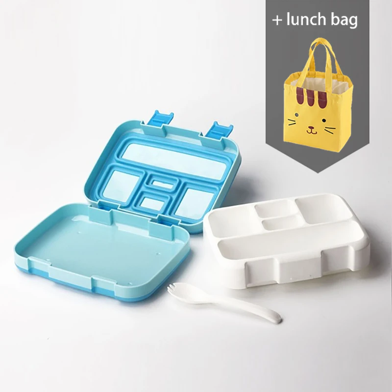 Blue 5 and bag Baispo Microwavable квадратная коробка для обеда для детей Герметичный пищевой контейнер с отделениями BPA бесплатно ланчбокс для пикника школы - Цвет: Blue 5 and bag