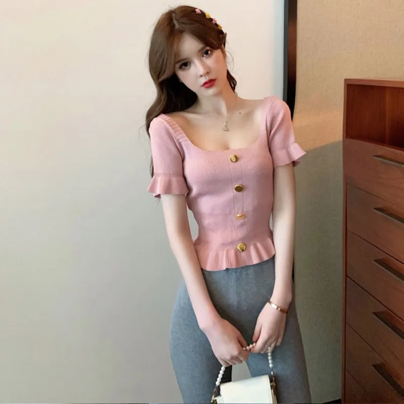 

Women T Shirt Solid Color Knit Casual Tops Female Square Collar T-Shirt Button Puff Sleeved Sexy Slim Tee Tops New