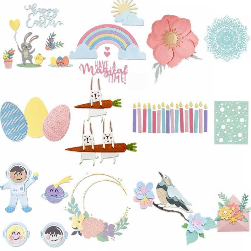 

Scrapbook Die Cuts About Happy Easter Flower Rabbit Candles Astronauts Spring Card Frame Metal Cutting Dies New 2021
