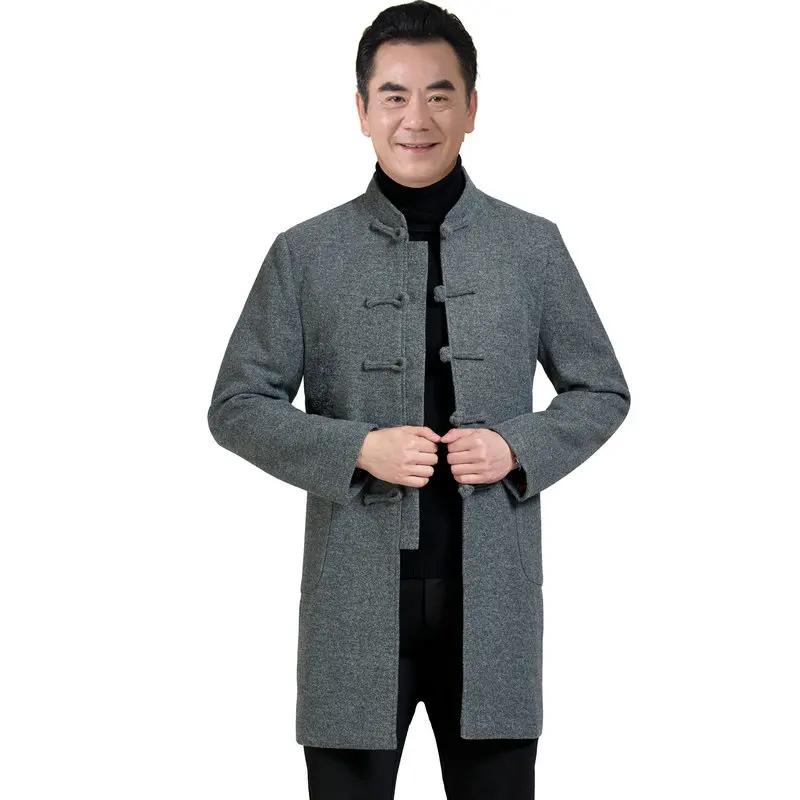 

Winter Autumn Wool Coat Men Gray Navy Blue Wool Blend Tunic Jacket Man Tangzhuang Mandarin Collar Single Breasted Tweed Overcoat