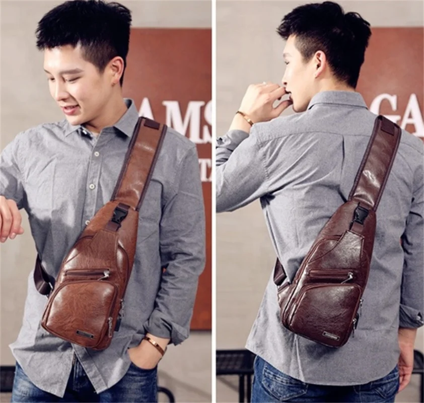 Деловая дорожная сумка через плечо винтажная нагрудная из искусственной кожи usb