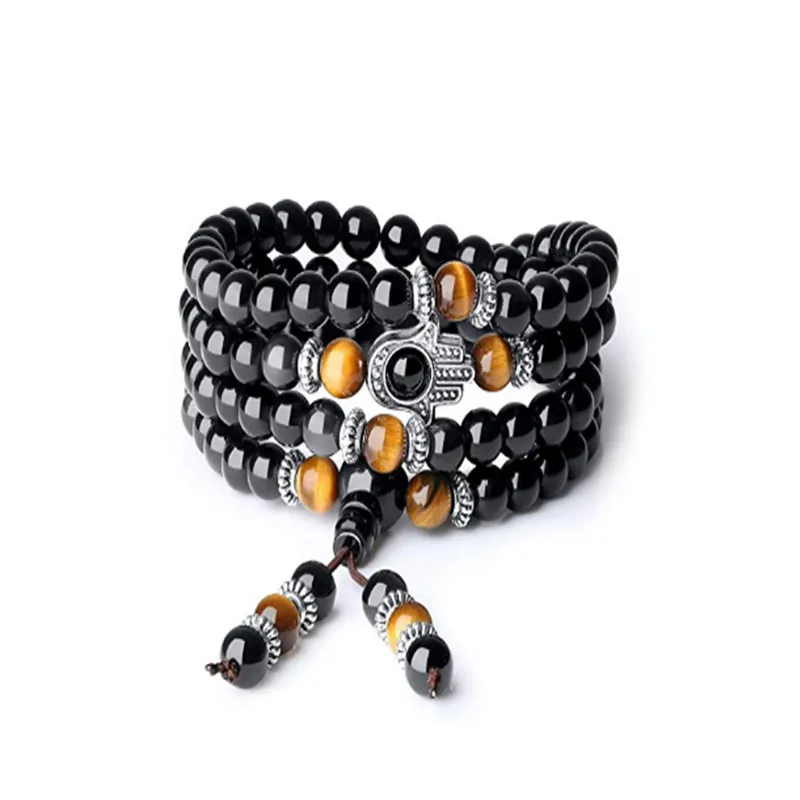

FYJS Unique Silver Plated Hand Connect Tiger Eye Stone 8 mm Round Beads Black Agates Bracelet Long Chain Jewelry