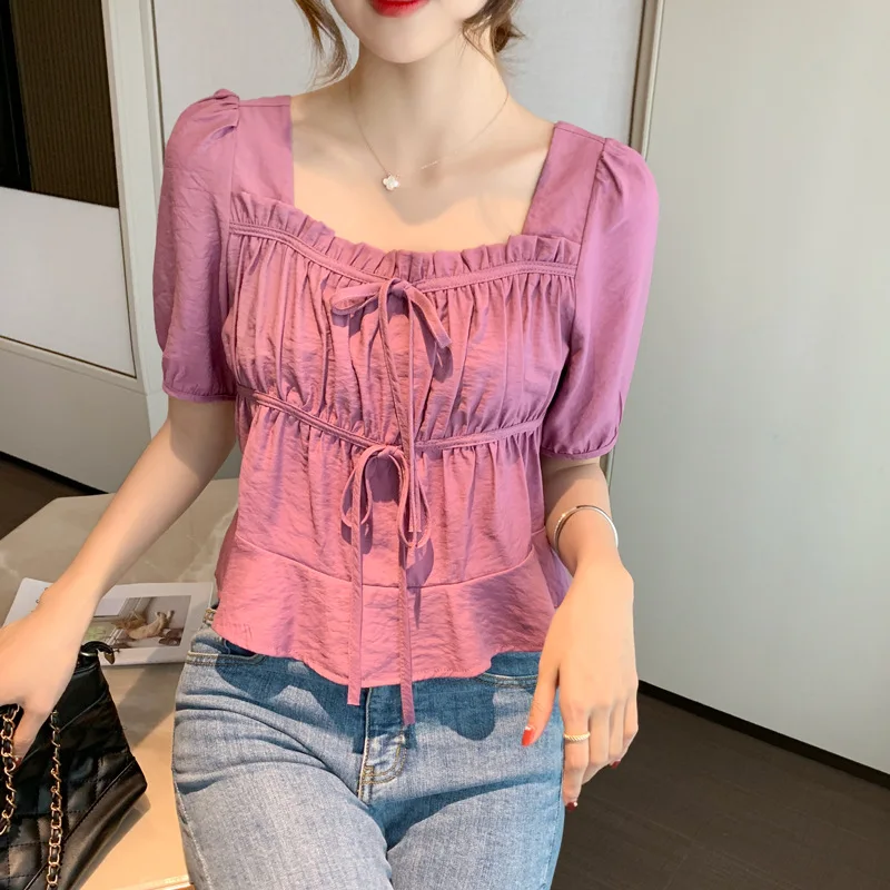 

Блузка женская с квадратным вырезом, элегантный свободный кроп-топ с оборками, в Корейском стиле, фиолетового, белого, зеленого цветов