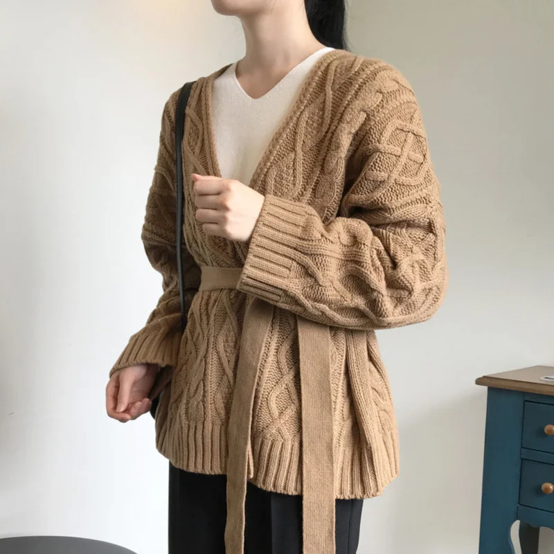 

Female Korean-style Jumper Solid Torsion Long Sleeve Bandage Cardigan Mesh Casual Autumn Female Winter