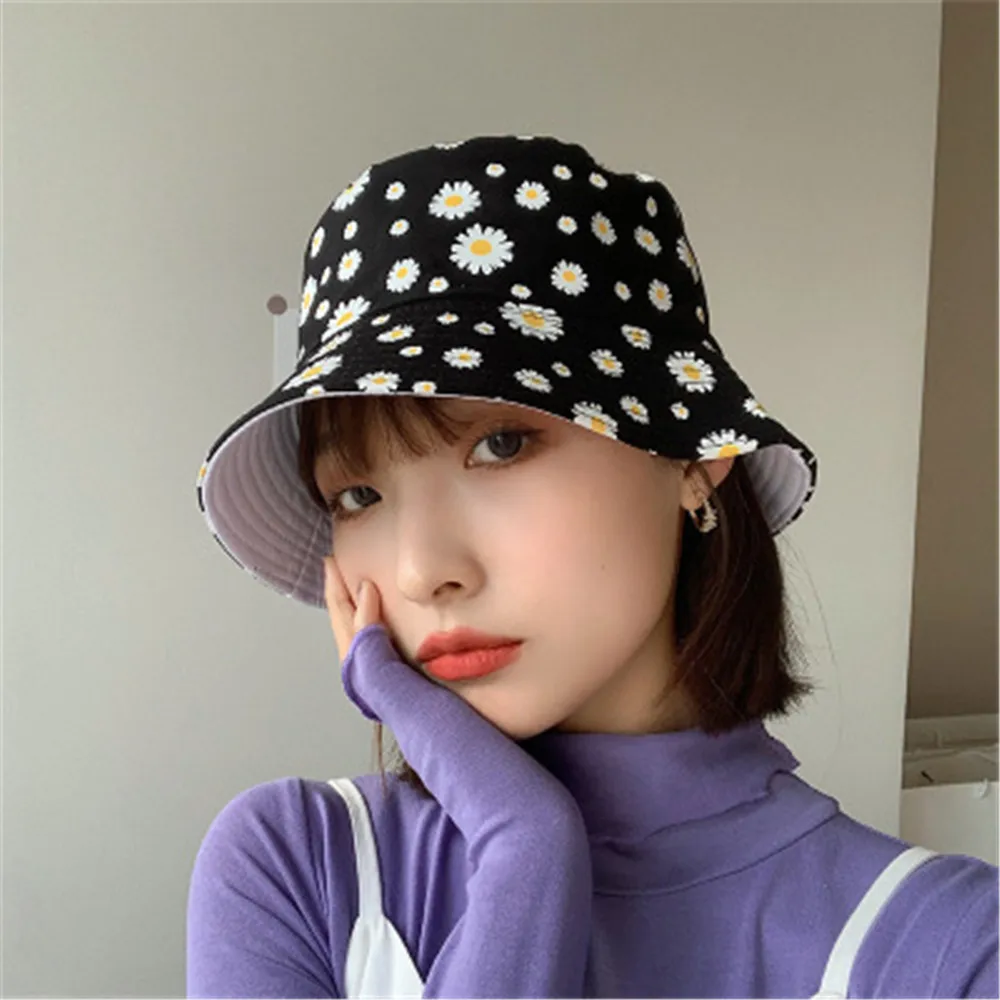 

2021 Spring Summer Women Bucket fishing Hats Sunscreen sun cap Little daisies Double-sided wear Spring lady fisherman hat