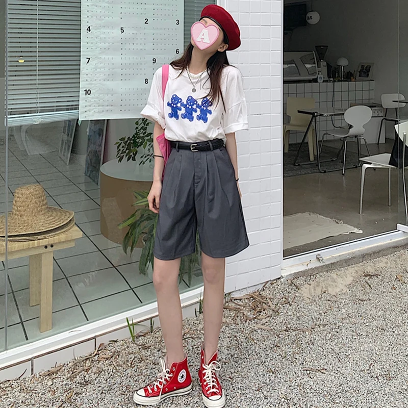 

Stylish Women Summer Thin Suits Shorts Welt Pocket Loose High Waist Suit Shorts Wide Leg Zipper Fly Khaki Gray Shorts