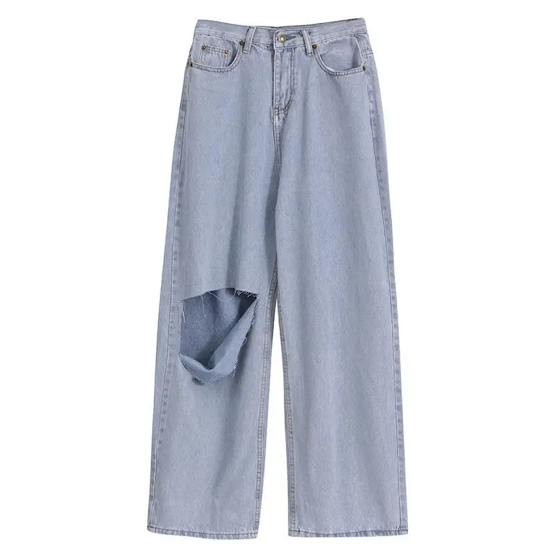 

Front and back large hole jeans women's straight tube loose summer thin beggars' pants tall lengthened floor dragging wide leg