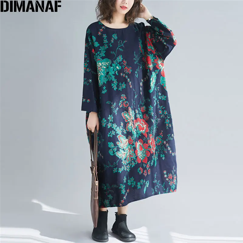 Женское платье из хлопка и льна DIMANAF винтажное оверсайз с длинным рукавом