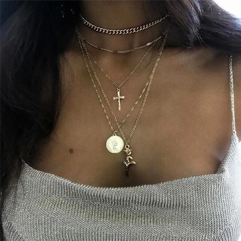 Женское многослойное ожерелье с подвеской в виде Розы | Украшения и аксессуары