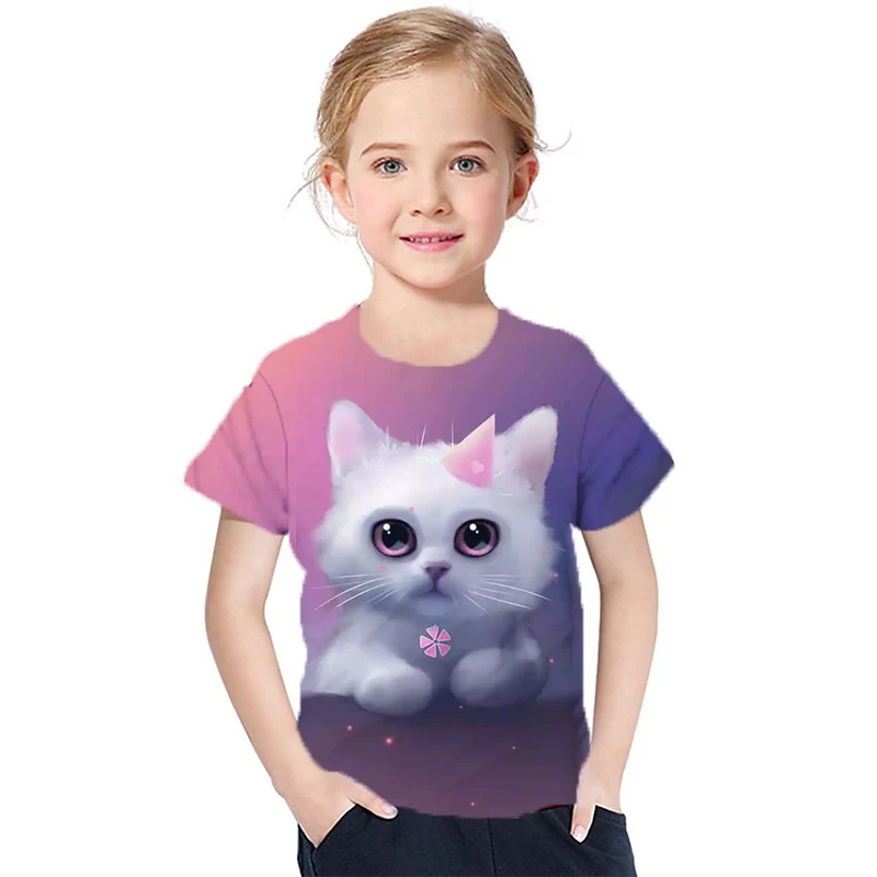 

POP 2021 cute cat round neck T-shirt 3D printing shirt boy girl animal kitten fashion short-sleeved kids T-shirt 4T-14T