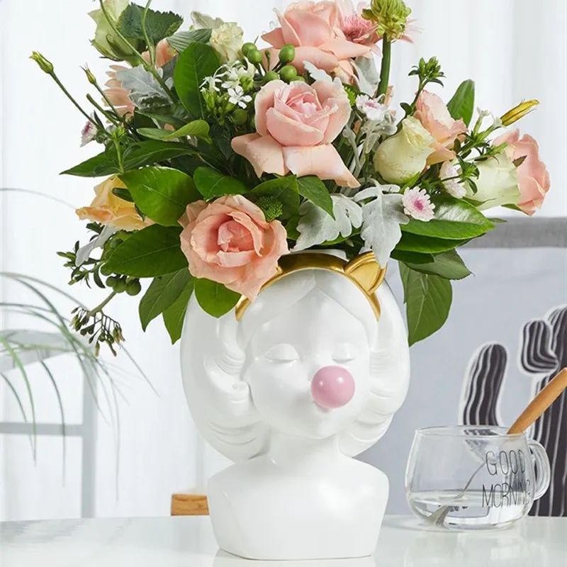 

Nordic Creative Resin Head Vase Gold Cute Girl Bbubble Gum Flower Arrangement Home Living Room Modern Decorative Accessories R3017