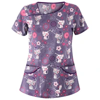 cute cat print nursing scrubs tops with pocket 2021 summer women short sleeve v neck working uniform pet scrubs costume a50