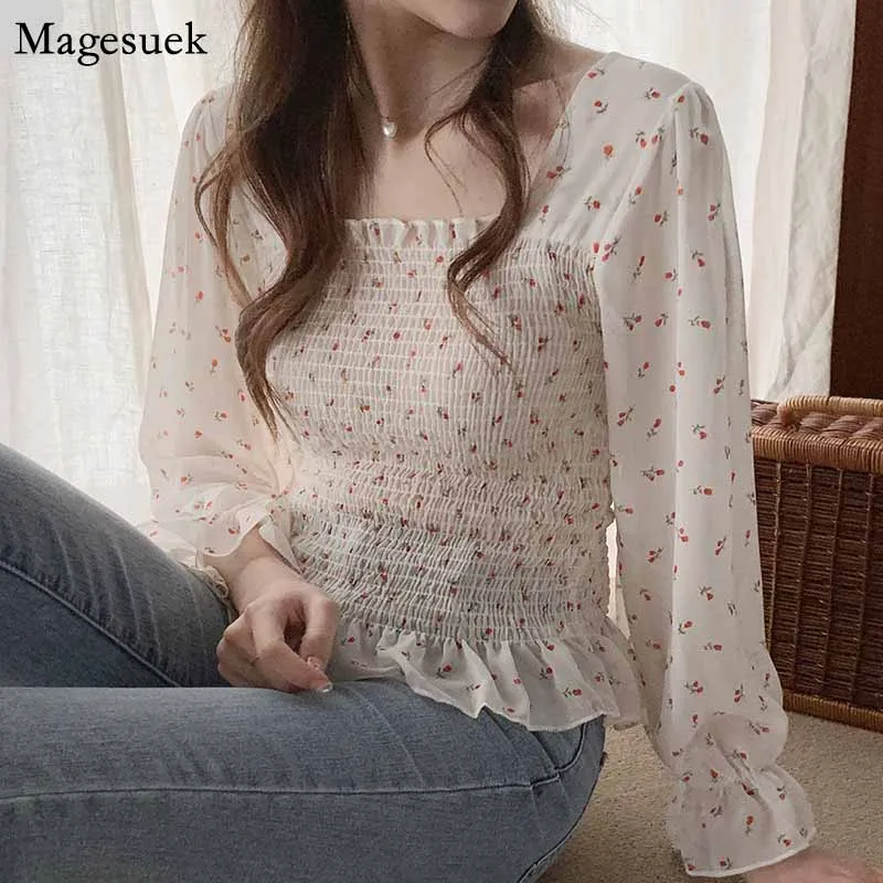 

Women Chic Hot Vintage Print Ruffles Flare Sleeves Shirt Romantic Retro Square Collar Chiffon BlouseSweet Puff Sleeve Top 10311