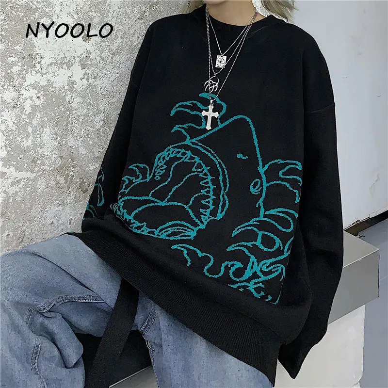 NYOOLO/Винтажные уличные плотные теплые свитера с рисунком акулы; осенне-зимние пуловеры с круглым вырезом; вязаные свитеры женские топы
