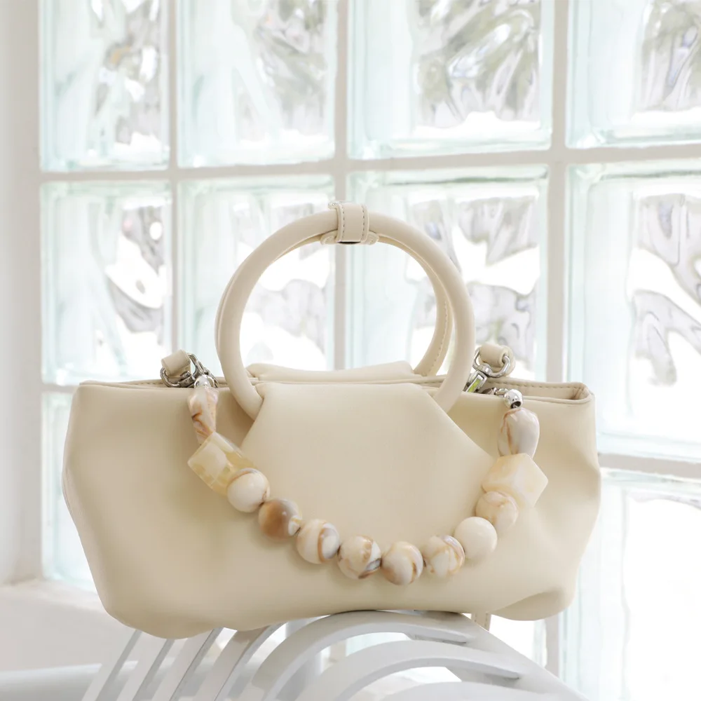 

Summer Elegant Little Woman Pearl Chain Handbag Solid Color Dumpling Shape Crossbody Bag Cowhide Pleated Cloud Shoulder Bag