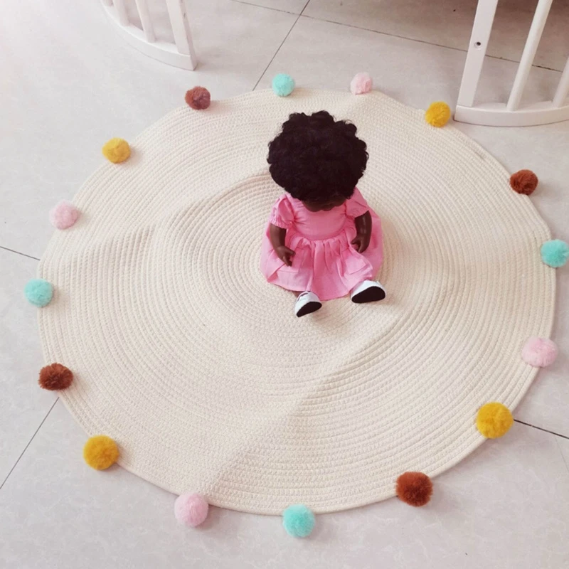 

Newborn Baby Hand Woven Cotton Crawling Pad with Wool Ball Floor Play Game Rugs