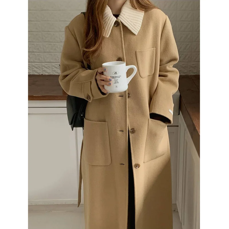 Женское шерстяное пальто свободное во французском стиле со шнуровкой на талии