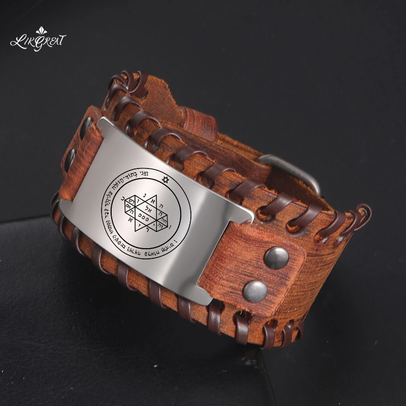 

LIKGREAT The Seven Pentacles of Jupiter Wide Leather Bracelet on Hand Men Vintage Stainless Steel Solomon Amulet Bangles Jewelry
