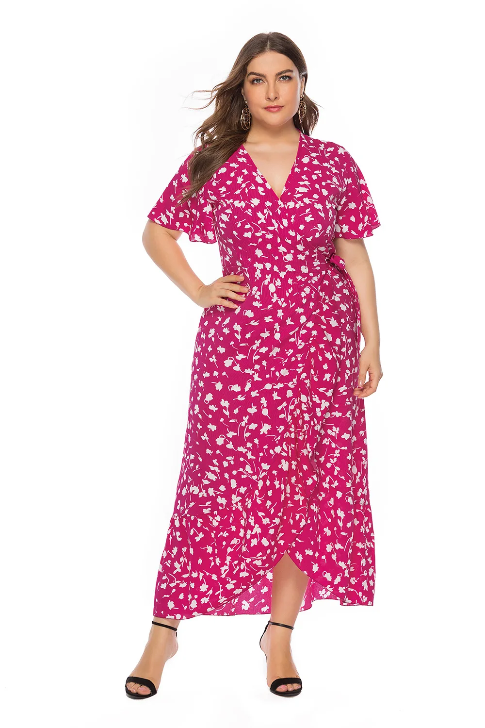 

2021 платье размера плюс для женщин с летним принтом с высокой талией сексуальные новые с v-образным вырезом, с цветочным рисунком, с рюшами, с ...