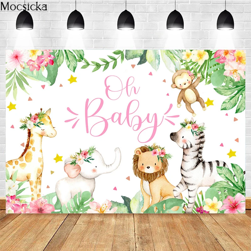 

Mocsicka Safari Jungle Wild Animal Oh Baby Newborn Birthday Party Photography Backdrops Child 1st Birthday Background Photocall